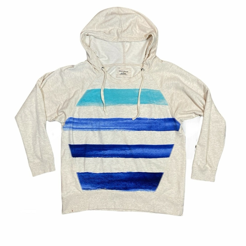 DKNY Jeans Womens Hoodie Cream Blue Striped 100% Cotton Pullover - Size Xl